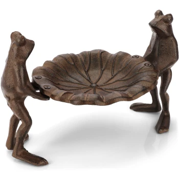 Vogeltränke stehend - Zwei Fröschlein Ein dekorativer, froschförmiger Halter für Futter- oder Wasserschalen für Haustiere, der zwei Frösche zeigt, die eine blattförmige Schale in bronzefinish stützen.