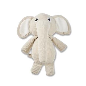 Beiges Cord-Plüsch-Elefanten-Spielzeug mit langem Rüssel, hängenden Ohren und schwarz-weißen Augen vor weißem Hintergrund.