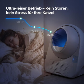 Geschlossenes automatisches Katzenklo neben schlafender Frau und Katze; deutscher Text „Ultra‑leiser Betrieb“ dB 70→40→35.