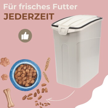 Weißer Futteraufbewahrungsbehälter mit Deckel, Napf mit Trockenfutter und Leckerlis auf rosa Hintergrund; Text „Für frisches Futter JEDERZEIT“.