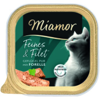 Miamor-Katzenfutter-Etikett zeigt eine weiße Katze und Fleischstücke; Text: „Feines & Filet – Geflügel pur mit Forelle“.
