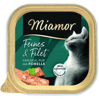 Miamor-Katzenfutter-Etikett zeigt eine weiße Katze und Fleischstücke; Text: „Feines & Filet – Geflügel pur mit Forelle“.