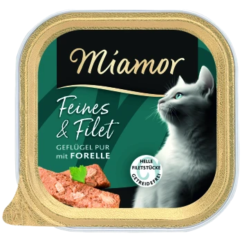 Miamor-Katzenfutter-Etikett zeigt eine weiße Katze und Fleischstücke; Text: „Feines & Filet – Geflügel pur mit Forelle“.