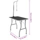 Haustierpflege-Tisch mit verstellbarem Arm und Leine, Maße 97 cm x 61 cm x 154,5 cm, mit einer schwarzen Oberfläche und einem silbernen Rahmen.