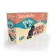 Heerlijke Mix-Box voor katten van Lucky Lou, met een illustratie van een zwarte kat, met tekst die "De Echte Smaak!" en "4 verschillende variëteiten." benadrukt.