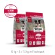 Hundefutterverpackung mit zwei Beuteln von TJURE Premium All-in-One-Futter, mit einem Hundebild, das 70% tierisches Protein und 9,5% Fett hervorhebt.
