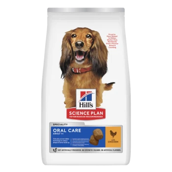 Hill's Science Plan Hundefutterbeutel mit langhaarigem Hund, Oral Care Adult 1+, mit Huhn.