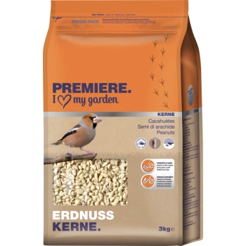 Bird food packaging featuring a colorful design with a bird illustration, labeled "Premiere. I love my garden" and "Erdnuss Kerne" (Peanuts), 3kg.