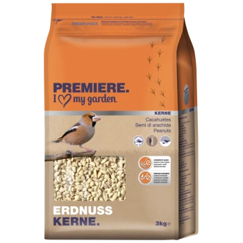 Emballage de nourriture pour oiseaux avec un design coloré et une illustration d'oiseau, étiqueté 'Premiere. J'aime mon jardin' et 'Erdnuss Kerne' (cacahuètes), 3 kg.