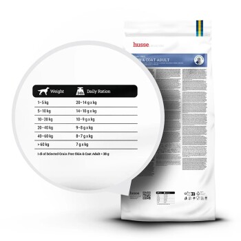 Hundefutter-Kibble in einem Haufen, mit einer Nahaufnahme, die ein Stück von 8,5 mm x 8,5 mm zeigt, mit der Marke 'husse'.