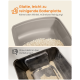 Vergleich von zwei Katzentoiletten: glatte, leicht zu reinigende beige Box mit dem Text „Glatte, leicht zu reinigende Bodenplatte“ und schwarze Box mit in den Ecken klebendem Katzenstreu.
