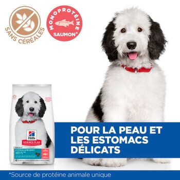 Un chien noir et blanc duveteux est assis à côté d'un sac de nourriture pour chiens Hill's Science Plan étiqueté "Hypoallergénique" et "Sans céréales".