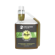Flasche von PETS NATURE 100% Premium Hanföl mit einem Messdeckel und grünen Blättern, die Reinheit und Zutaten hervorheben.
