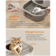 Katze benutzt eine Katzentoilette mit erhöhten Rändern und herausnehmbarem Einsatz, deutscher Text beschreibt einfache Reinigung und weniger Verschmutzung.