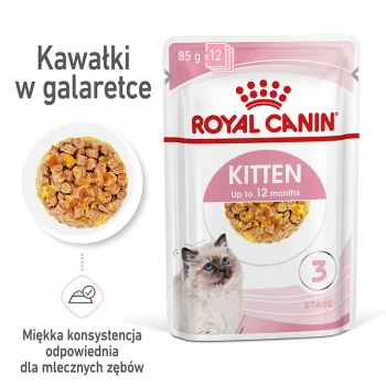 Torebka karmy dla kociąt Royal Canin, 85g x 12, z miękkimi kawałkami w galaretce, odpowiednia dla kociąt do 12 miesiąca życia, z wizerunkiem kota.