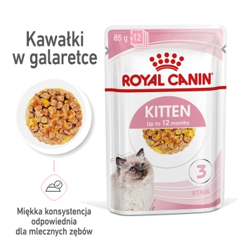 Torebka karmy dla kociąt Royal Canin, 85g x 12, z miękkimi kawałkami w galaretce, odpowiednia dla kociąt do 12 miesiąca życia, z wizerunkiem kota.