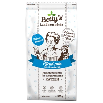 Tüte Betty's Landhausküche Katzenfutter (Pferd pur) 300 g, Illustration einer Frau und einer Katze, Text „Mono-Protein“ und „Reich an frischem Pferd“.