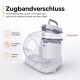 Transparente Katzentoilette mit herausnehmbarem Beutel und Zugbandverschluss; beschriftet mit 'Zugbandverschluss' und Hygienehinweisen