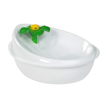 White pet water fountain with a green flower-shaped top, featuring flowing water and a smooth, curved design.