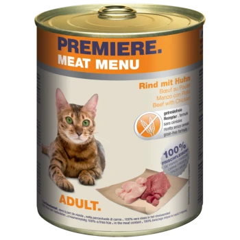 Dosenkatzenfutter "Premiere Meat Menu" mit einer Bengal-Katze, beschriftet mit "Rind mit Huhn", "Getreidefrei" und "100% Frisches Fleisch."