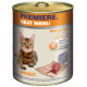 Dosenkatzenfutter "Premiere Meat Menu" mit einer Bengal-Katze, beschriftet mit "Rind mit Huhn", "Getreidefrei" und "100% Frisches Fleisch."