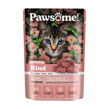 Pawsome! Katzenfutterbeutel mit Kätzchen zwischen rosa Blumen, Aufschrift 'Junior Rind' und abgebildeten Fleischstückchen.
