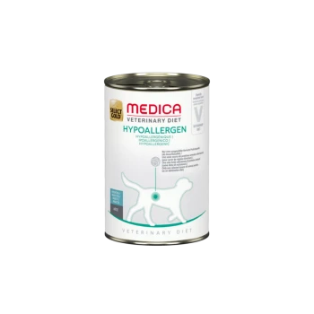 Canned dog food labeled "Medica Veterinary Diet Hypoallergen" with a white silhouette of a dog and text in multiple languages.