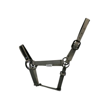 Ein graues verstellbares Haustiergeschirr mit robustem Design, mit Metallclips und einem Etikett, auf dem "Quest" steht.