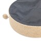 Rundes Haustierbett mit einem natürlichen Seil-Außenbereich und einem dunkelgrauen gepunkteten Stoffoberteil, mit einem kleinen Seilball angebracht.