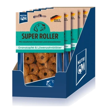 Nutri QM Super Roller Haustiersnacks mit Granatapfel und Löwenzahnblättern, hergestellt in Deutschland, präsentiert in blauer Verpackung.