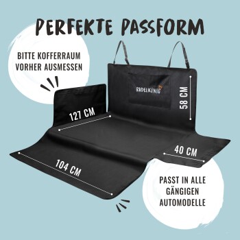 Schwarze Autositzabdeckung für Haustiere mit Abmessungen: 127 cm, 104 cm, 58 cm, 40 cm. Text: 'PERFECTE PASSFORM' und 'PASST IN ALLE GÄNGIGEN AUTOMODELLE.'