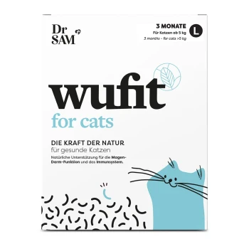 Verpackung von Dr. SAM wufit für Katzen, gekennzeichnet für Katzen über 5 kg, die natürliche Unterstützung für die Verdauungs- und Immun Gesundheit fördert.