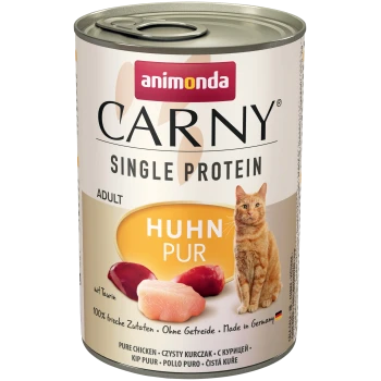Eine Dose Animonda Carny Katzenfutter mit einer roten Katze, mit dem Text: "Huhn Pur," "mit Taurin," und "100% frische Zutaten."