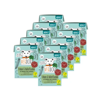 Verpackung für veganes Hundefutter mit der Marke "VEGDOG", beschriftet mit "Erwachsene", mit Zutaten: Erbsen, Hafer, Brokkoli und Leinsamen.