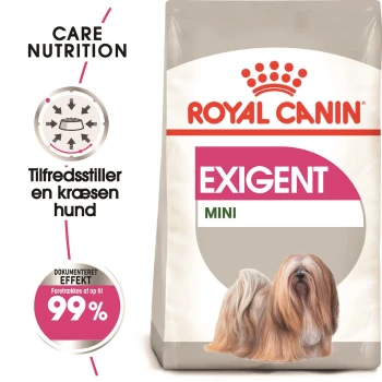 Royal Canin Exigent Mini Hundefutterbeutel mit einer Illustration eines kleinen Hundes, mit Text auf Dänisch über die Zufriedenheit wählerischer Esser.