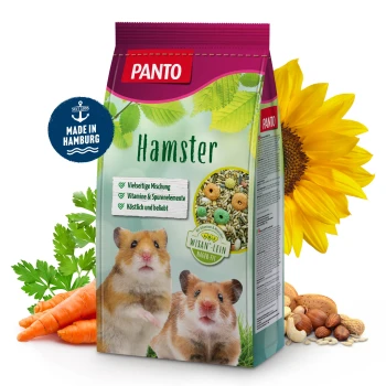 PANTO Hamsterfutterbeutel mit einer bunten Mischung aus Samen und Pellets, mit Text, der Vitamine, Mineralien und Geschmacksattraktivität hervorhebt.