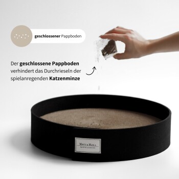 Eine Hand gießt Katzenminze in ein rundes, schwarzes Katzenspielzeug mit einem geschlossenen Kartonboden, beschriftet mit "MINTY & MARLA." Der Text erklärt, dass der Boden ein Auslaufen verhindert.