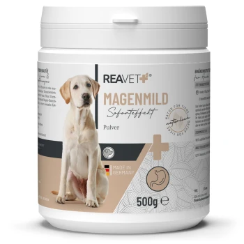 Behälter mit REAVET Magenmild-Pulver für Hunde, 500g, mit einem beigen und weißen Design mit einer Hundesilhouette und dem Etikett "Made in Germany."