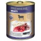 Boîte de nourriture pour chien étiquetée "Premiere. Meati" présentant des morceaux de viande d'agneau, avec un couteau et le texte "for meat lovers" sur l'emballage.