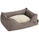 Ein gemütliches, rechteckiges Hundebett mit einem weichen, cremefarbenen Kissen und grauem Stoffbezug, mit einem kleinen Hundesilhouette-Logo.