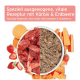 Eine Schüssel mit Haustierfutter, garniert mit Erdbeeren, umgeben von Süßkartoffel, Kürbis, Birne, Erdbeeren und Fenchel, mit dem Aniforte-Logo.