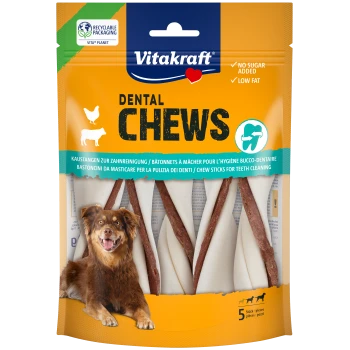 Paquet de friandises Vitakraft Dental Chews pour chiens avec bâtonnets torsadés et photo d'un chien ; texte visible : Sans sucre ajouté, Faible en matières grasses