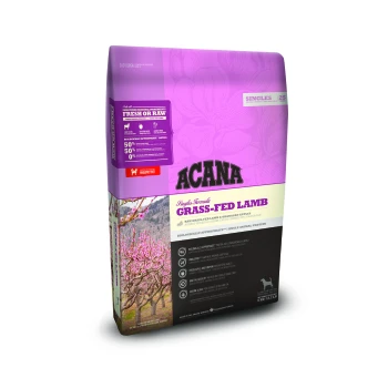 Torba z jedzeniem dla psów ACANA Singles Formula Grass-Fed Lamb, z purpurowym wzorem i obrazami jagnięciny oraz jabłek, oraz informacjami o wartościach odżywczych.