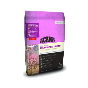 ACANA Singles Formula Grass-Fed Lamb Hundefutterbeutel mit einem lila Design, das Bilder von Lamm und Äpfeln sowie ernährungsphysiologische Angaben zeigt.