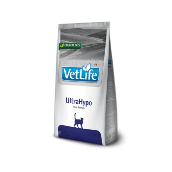 VetLife UltraHypo Katzenfutterbeutel, mit einem blauen Logo und einer Silhouette einer Katze am unteren Rand.