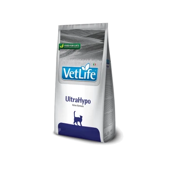 VetLife UltraHypo Katzenfutterbeutel, mit einem blauen Logo und einer Silhouette einer Katze am unteren Rand.
