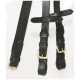 Drei schwarze Haustierhalsbänder aus Leder und Nylon, mit goldenen Schnallen und verstellbaren Riemen.