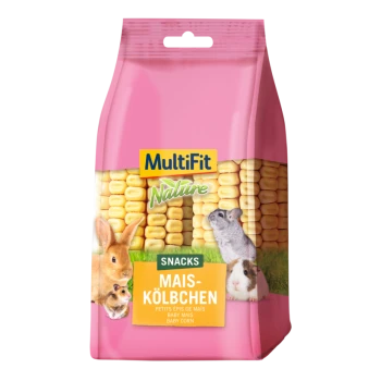 Eine rosa Tüte MultiFit Nature Snacks mit Baby-Mais, mit Bildern eines Kaninchens, Meerschweinchens und Hamsters auf der Vorderseite.