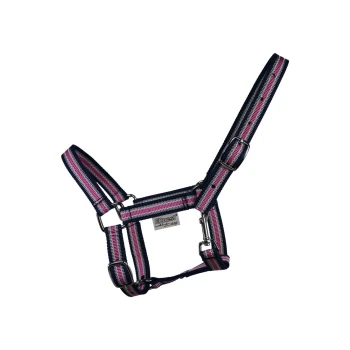 Halfter Dual Shetty Ein farbenfrohes Haustiergeschirr mit marineblauen, rosa und weißen Streifen, mit Metallverschlüssen und einem EQuest-Label.
