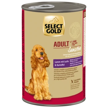 Boîte de nourriture Select Gold Adult Sensitive pour chien saveur agneau, saumon et pomme de terre, formule sans céréales, pour chiens de plus d’un an.